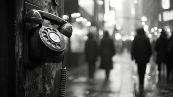 A vintage payphone stands in a bustling city street during a rainy evening photo
