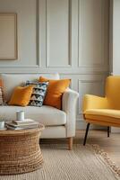 Bright and cozy living room with colorful pillows on a light sofa and a wicker coffee table photo