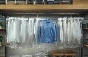 Collection of neatly hung dress shirts in protective covers arranged on a wooden hanger rack photo
