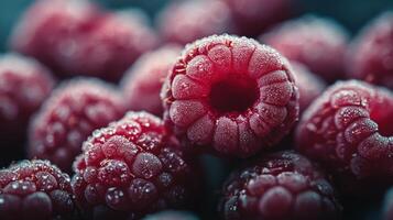 Freshly frozen raspberries piled together, showcasing their vibrant red color and texture photo