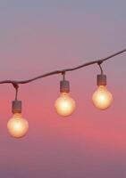 Colorful twilight sky with glowing light bulbs hanging above an outdoor setting photo