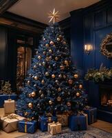 Elegant Christmas tree adorned with golden ornaments and presents in a cozy festive living room photo