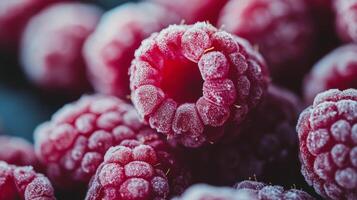 Freshly frozen raspberries piled together, showcasing their vibrant red color and texture photo