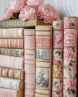 Vintage decorative books arranged beautifully on a floral background in soft pastel colors photo