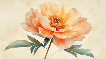 Delicate peach peony flower with soft leaves in a serene pastel background during daylight photo