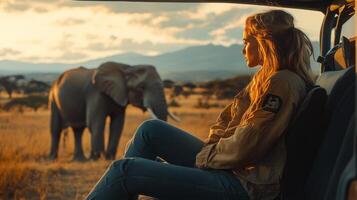Safari experience with elephants in the savanna under a bright sky in the late afternoon photo