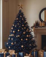 Elegant Christmas tree adorned with golden ornaments and presents in a cozy festive living room photo
