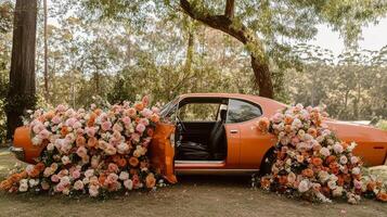 A vibrant orange car adorned with colorful flowers creates a stunning floral display outdoors photo
