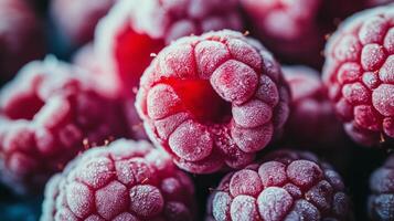 Freshly frozen raspberries piled together, showcasing their vibrant red color and texture photo