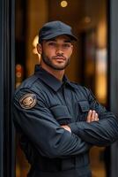 Confident security officer stands at the entrance of a modern building during daylight photo