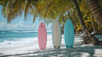 Colorful surfboards lined up on a sunny beach with palm trees and ocean waves in the background photo