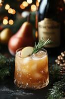 Sparkling holiday cocktail with apple and rosemary garnished by festive decorations photo