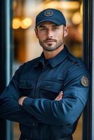 Confident security officer stands at the entrance of a modern building during daylight photo
