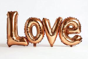 Shiny rose gold balloons spelling love arranged for a celebration or special occasion photo