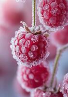 Frozen raspberries glistening with frost on a soft, blurred pastel background during winter photo