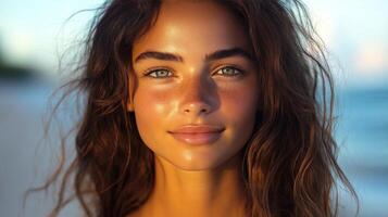 A close up portrait of a young woman with freckled skin and striking green eyes photo