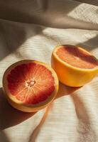 Freshly cut grapefruit on soft fabric with natural light highlighting the juicy segments photo