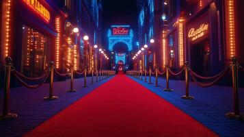 Vibrant nighttime red carpet event with illuminated buildings and festive lights in a city setting photo