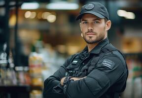A confident security officer stands alert in a bustling urban shopping area during the evening photo