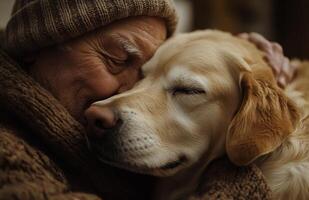 Elderly man enjoying a heartfelt moment with his loyal dog in a cozy indoor setting photo