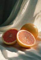 Freshly cut grapefruit on soft fabric with natural light highlighting the juicy segments photo