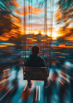 Child enjoying a twilight swing ride at a carnival with vibrant lights in the background photo