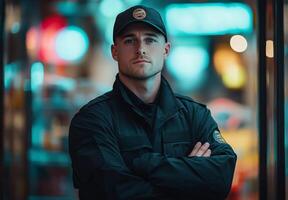 A confident security officer stands alert in a bustling urban shopping area during the evening photo