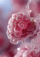 Frozen raspberries glistening with frost on a soft, blurred pastel background during winter photo