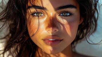 A close up portrait of a young woman with freckled skin and striking green eyes photo