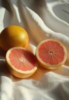 Freshly cut grapefruit on soft fabric with natural light highlighting the juicy segments photo