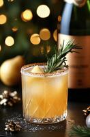 Sparkling holiday cocktail with apple and rosemary garnished by festive decorations photo