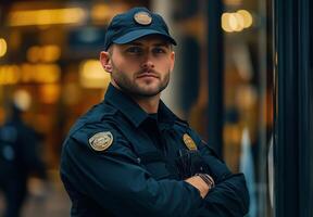 A confident security officer stands alert in a bustling urban shopping area during the evening photo
