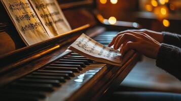 A musician practices on a vintage piano with sheet music in a cozy indoor setting photo