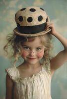 Young girl wearing a polka dotted hat with cheerful makeup, posing happily in a playful setting photo