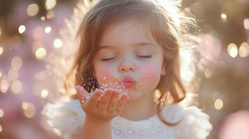 Little girl blowing sparkles with a dreamy expression in a soft, magical setting photo