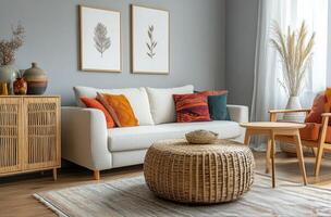 Stylish living room with modern decor and natural elements in a cozy home setting photo