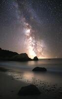 Starlit beach view with the Milky Way above, captured during a clear night by the ocean photo