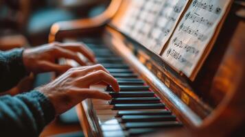 A musician practices on a vintage piano with sheet music in a cozy indoor setting photo