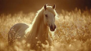 Majestic white horse galloping through golden grass fields during a cloudy afternoon photo