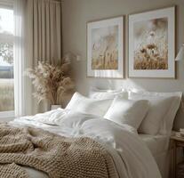 Cozy bedroom featuring soft bedding and peaceful artwork in a serene, neutral toned setting photo