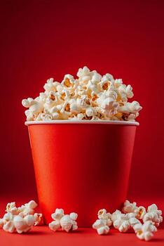clásico a rayas palomitas de maiz Cubeta desbordante con Fresco palomitas de maiz en un vibrante rojo fondo foto