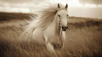 Majestic white horse galloping through golden grass fields during a cloudy afternoon photo