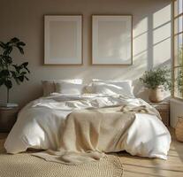 Cozy bedroom featuring soft bedding and peaceful artwork in a serene, neutral toned setting photo
