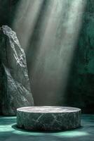 Natural stone pedestal illuminated by soft light in a dark environment photo
