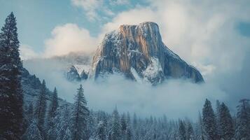 Snow covered valley in Yosemite National Park during a foggy winter morning photo