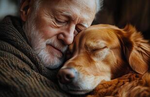 Elderly man enjoying a heartfelt moment with his loyal dog in a cozy indoor setting photo