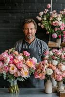 A florist arranging colorful bouquets in a rustic shop with a dark brick background photo