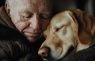 Elderly man enjoying a heartfelt moment with his loyal dog in a cozy indoor setting photo