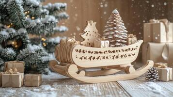 A wooden sleigh filled with holiday treats beside a decorated Christmas tree and gifts photo
