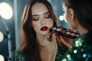 A model receives glamorous makeup application backstage during a fashion show in the evening photo